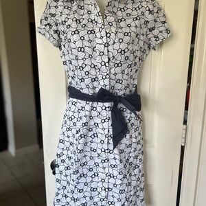 Chaudry by Anthropologie White and Navy Eyelet Collared Floral Detail Dress